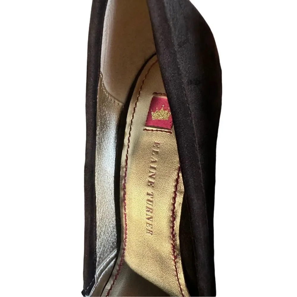 Elaine Turner Platform Heels Open Toe Brown Suede Tortoise Shell Heel Gold Hardw